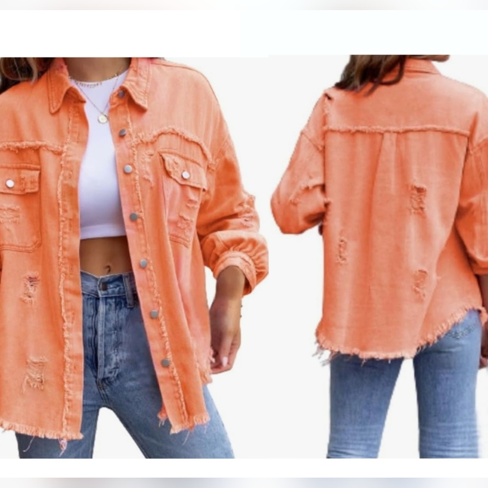 Women's Oversized Denim Shirt-Jacket Distressed Button Down Size L💕